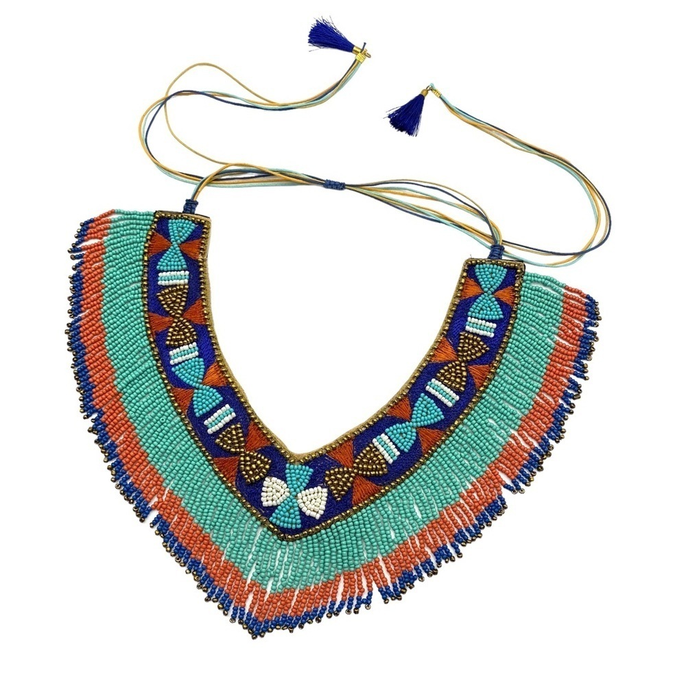 Hippie Boho Seed Bead & Embroidery Bib Fringe Neckpiece Artisan Made